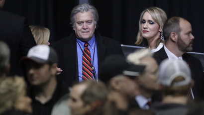 White House chief strategist Steve Bannon waits for the start of a rally for President Donald Trump Wednesday, March 15, 2017, in Nashville, Tenn.