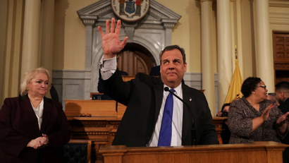 New Jersey Governor Chris Christie waves before delivering his 2018 State of the State address to the New Jersey legislature in Trenton, New Jersey, January 9, 2018.