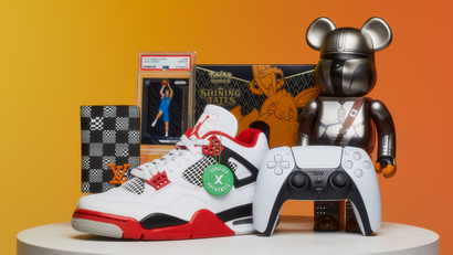 Products representing categories that sell on StockX including a Jordan 4 sneaker, a video game controller, a KAWS collectible toy, and a basketball trading card