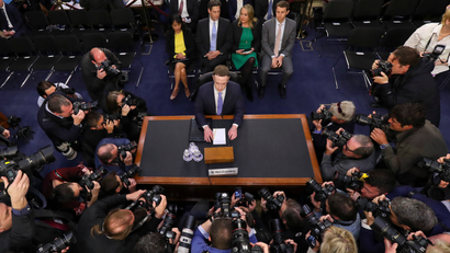 Facebook CEO Mark Zuckerberg gets ready to testify before a joint hearing of the US Senate Commerce and Judiciary committees