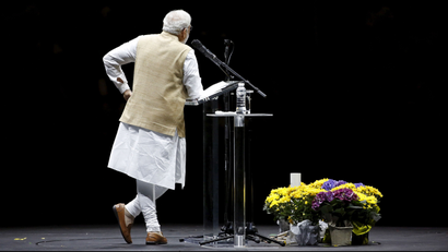 Indian Prime Minister Narendra Modi gestures during a community reception in San Jose, California