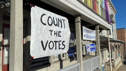 A sign urging people to vote is seen on the porch of the Democratic Party's Fulton County headquarters on Election Day in McConnellsburg, Pennsylvania November 3, 2020. Picture taken November 3, 2020.