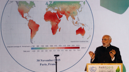India's Prime Minister Narendra Modi delivers a speech during the launching of the International Solar Alliance