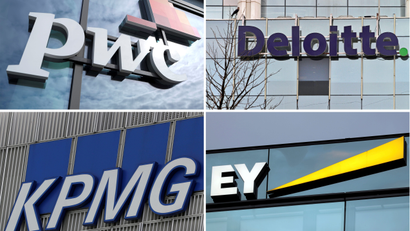 A combination of file pictures shows logos of Price Waterhouse Coopers, Deloitte, KPMG and Ernst & Young