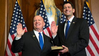 House Speaker Paul Ryan of Wis. administers the House oath of office to Rep. Kevin Brady, R-Texas, during a mock swearing in ceremony on Capitol Hill, Tuesday, Jan. 3, 2017, in Washington.
