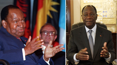 Félix Houphouët-Boigny in 1993 (left) and Alassane Ouattara in 2015 (right)