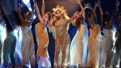 Beyonce performs at the 59th Annual Grammy Awards in Los Angeles, California, U.S.