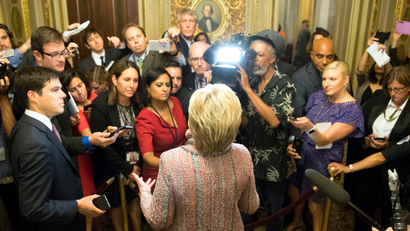 Democratic presidential candidate Hillary Clinton speaks to reporters after meeting with Senate Democrats on Capitol Hill in Washington, Thursday, July 14, 2016.