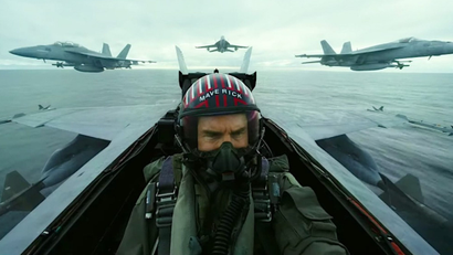 A still shot of Tom Cruise in Top Gun: Maverick.