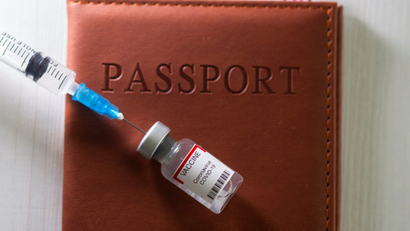 A syringe and a vial labelled "coronavirus disease (COVID-19) vaccine" are placed on a passport with printed words "COVID-19 vaccinated" in this illustration