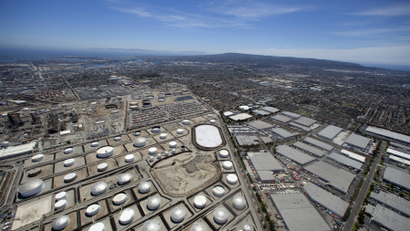 An oil refinery is viewed from the air in Carson, California.