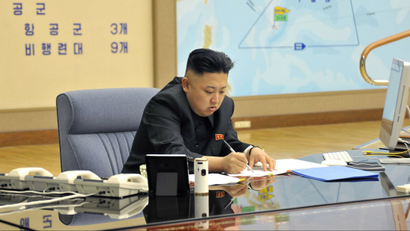 North Korean leader Kim Jong-un presides over an urgent operation meeting on the Korean People's Army Strategic Rocket Force's performance of duty for firepower strike at the Supreme Command in Pyongyang, early March 29, 2013, in this picture released by the North's official KCNA news agency on Friday.