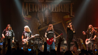 From left Steve Souza, of Exodus, David Ellefson, of Megadeth, Gary Holt, of Exodus, Mark Osegueda, of Death Angel, and Andreas Kisser, of Sepultura, perform on stage during the Metal Allegiance concert at the House of Blues on Wednesday, Jan. 21, 2015, in Anaheim, Calif. (Photo by Paul A. Hebert/Invision/AP)