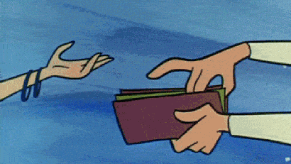An animated gif of George Jetson pulling money out of his wallet to hand to his wife. She grabs the wallet instead.