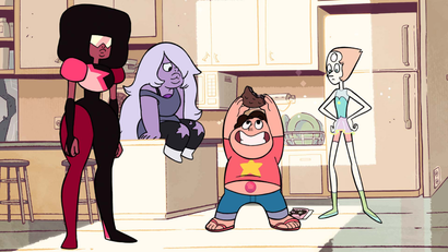 Steven and the Crystal Gems in his kitchen.