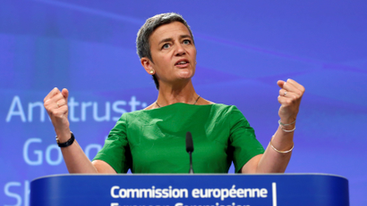 EU Competition Commissioner Vestager holds a news conference in Brussels