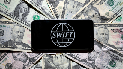 The Swift bank logo is pictured in this photo illustration taken April 2, 2016.