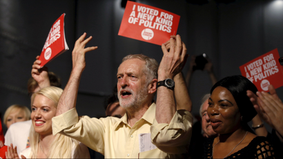 Labour Party leadership candidate Jeremy Corbyn gestures during a rally in London.
