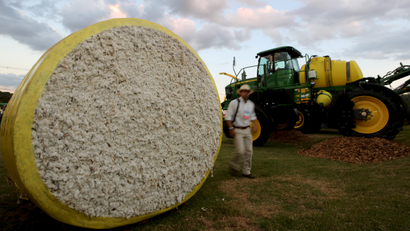 A man walks past packed cotton during Agrishow, the largest fair of agricultural machinery business in Latin America, in Ribeirao Preto, Brazil April 27, 2015.