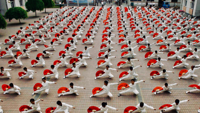 Students perform tai chi in Tianjin municipality.