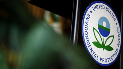 The U.S. Environmental Protection Agency (EPA) sign is seen on the podium at EPA headquarters in Washington, DC.