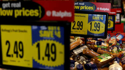 Price tags are pictured at a Ralphs grocery store, which is owned by Kroger Co, ahead of company results in Pasadena, California.