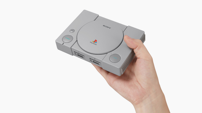 Promotional advertisement for the Playstation Classic, a an aesthetically similar but miniaturized version of the original Playstation game console.