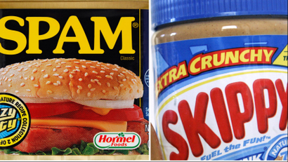 This combination of Associated Press file photos shows a can of Spam in Philadelphia on Aug. 16, 2010, left, and a 16.3 ounce jar of Skippy peanut butter in Somerville, Mass. on Aug. 26, 2008. Hormel Foods, the company primarily known for Spam and other cured, smoked and deli meats said Thursday, Jan. 3, 2013, that it's buying Skippy, the country's No. 2 peanut butter brand, in its biggest-ever acquisition.