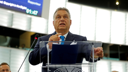 Hungarian Prime Minister Viktor Orban addresses MEPs during a debate on the situation in Hungary at the European Parliament.