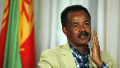 Eritrea's President Isaias Afwerki gestures during an interview in Asmara May 13, 2008. U.N. fears that a pullout of peacekeepers on the Eritrea-Ethiopia border may lead to a new war are unfounded scaremongering and a "gimmick" to cover the world body's failings, Afwerki said on Tuesday.