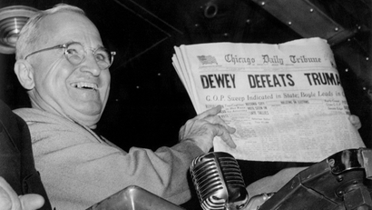 A photo of Harry Truman holding up the Chicago Daily Tribune that showed his opponent winning the 1948 US presidential election.