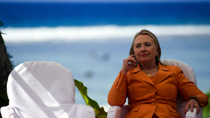 US Secretary of State Hillary Clinton prepares to speak during a event on peace and security in the Pacific in Rarotonga, Cook Islands, August 31, 2012.