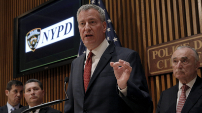 New York Mayor Bill de Blasio speaks during a news conference at NYPD Headquarters