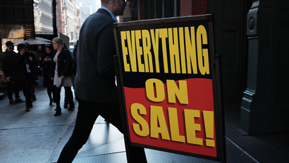 A sign advertises a sale in a shopping district in lower Manhattan on November 17, 2015 in New York City.