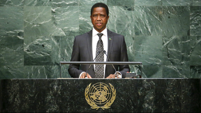 Zambian President Edgar Lungu speaks before attendees during the 70th session of the United Nations General Assembly.