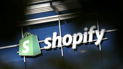The logo of Shopify is seen outside its headquarters.