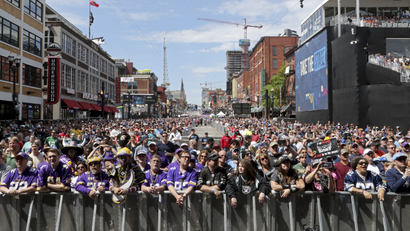Fans line Broadway before the start of Day 3 of the NFL football draft, in Nashville, Tenn. on Saturday, April 27, 2019.