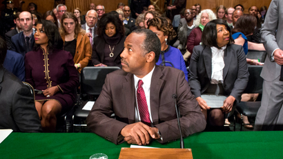 Housing and Urban Development Secretary-designate Ben Carson prepares to testify on Capitol Hill in Washington, Thursday, Jan. 12, 2017, at his confirmation hearing before the Senate Banking, Housing, and Urban Affairs Committee.