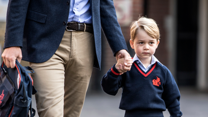 Prince George arrive for his first day of school at Thomas's school in Battersea