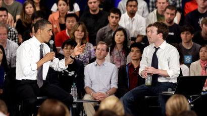 President Barack Obama, at left, and Facebook CEO Mark Zuckerberg during a town hall meeting at Facebook headquarters in Palo Alto, Calif., Wednesday, April 20, 2011.