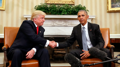 President Barack Obama and President-elect Donald Trump shake hands following their meeting in the Oval Office of the White House in Washington, Thursday, Nov. 10, 2016.