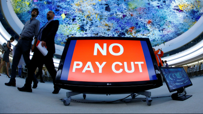 An image of a sign that says "no pay cut."
