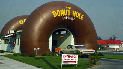 A drive-through coffee and donut shop in an eye-catching building, the Donut Hole, is shown in Los Angeles, Nov. 1970.