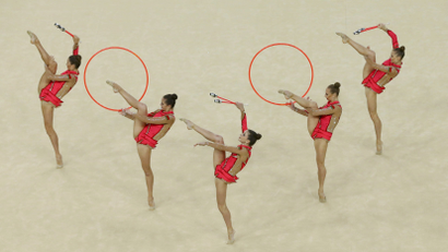 A group of gymnasts performing at the 2016 Rio Olympics