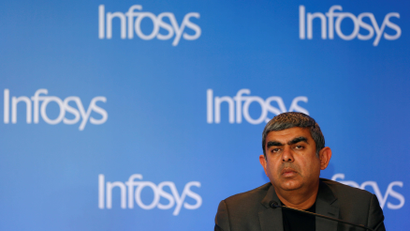 Infosys Chief Executive Vishal Sikka attends a news conference in Mumbai