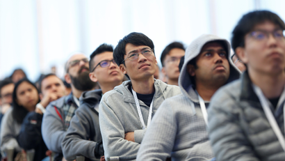 Attendees listen to the opening keynote speech during annual Google I/O developers conference in Mountain View