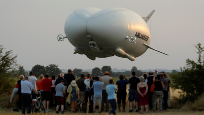 The Airlander 10 hybrid airship makes its maiden flight at Cardington Airfield in Britain, August 17, 2016.
