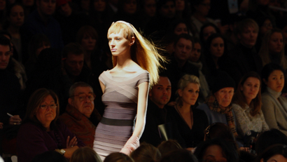 A model presents a creation from the Herve Leger 2008/2009 fall collection during New York Fashion Week February 3, 2008.