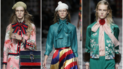 Models wear creations for Gucci women's Spring-Summer 2016 collection, part of the Milan Fashion Week, unveiled in Milan, Italy, Wednesday, Sept. 23, 2015.