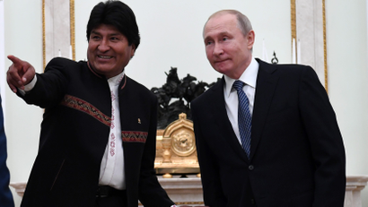 Bolivian president Evo Morales points and smiles at a meeting with Russian counterpart Vladimir Putin in Moscow in July.